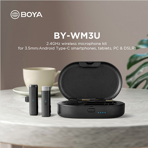 گیرنده اتصالی میکروفون بی سیم بویا مدل Boya BY-WM3U و ۳ آداپتور قابل تعویض همراه با آن